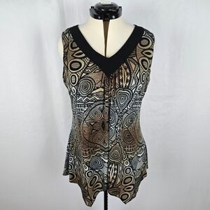 Perseption Concept Sleeveless Blouse Women's M * Black Brown High Low Hem V-Neck